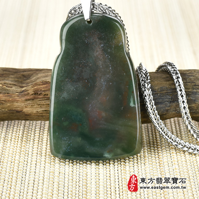 福德正神土地公財神爺項鍊玉珮背面照片  水草玉福德正神土地公財神爺項鍊玉珮（福德正神：福德正神土地公財神爺牌水草玉福德正神土地公財神爺玉珮、水草玉福德正神土地公財神爺玉墜）。綠帶褐水草玉福德正神土地公財神爺，TD029。客製化訂做各種水草玉福德正神土地公財神爺吊墜玉珮項鍊。★附東方翡翠寶石保證卡