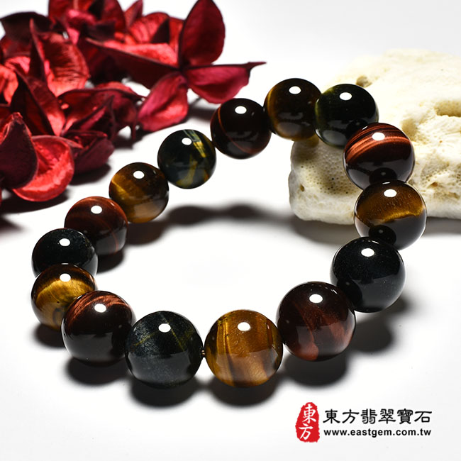 翡翠禮物商品-三色虎眼手鍊(三色虎眼珠子，珠徑約14-14.5mm，15顆珠，3CE008) 客製化設計各種三色虎眼珠串、三色虎眼珠子、三色虎眼手鍊、三色虎眼手珠。★附東方翡翠寶石保證卡