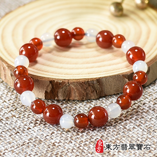 紅白瑪瑙手鍊(紅白瑪瑙珠子，珠徑約紅大8.5mm+小6.2mm、白6.3mm，紅16+白8顆珠，OML468) 客製化設計各種紅白瑪瑙珠串、紅白瑪瑙珠子、紅白瑪瑙手鍊、紅白瑪瑙手珠。★附東方翡翠寶石保證卡翡翠手鐲、翡翠玉鐲商品