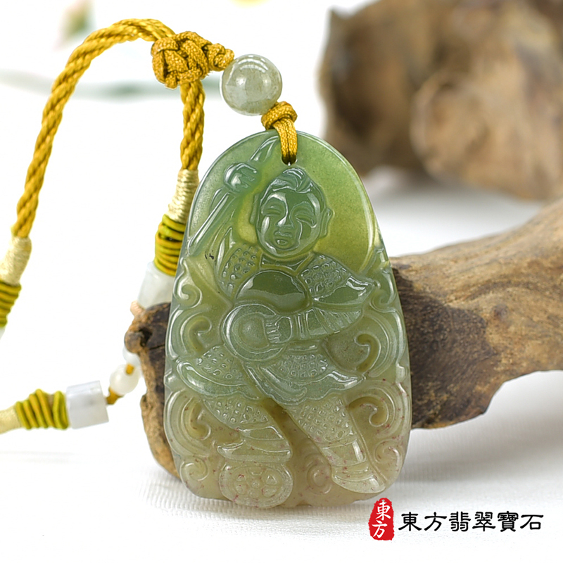 最新玉石神明玉珮商品-水草玉哪吒三太子項鍊玉珮（中壇元帥、哪吒：哪吒三太子牌水草玉三太子玉珮、水草玉哪吒三太子玉墜）。綠色水草玉三太子，TT168。客製化訂做各種水草玉哪吒三太子吊墜玉珮項鍊。★附東方翡翠寶石保證卡