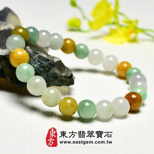 三彩翡翠手鍊｜天然緬甸A貨翡翠珠串｜黃翡×白翡×油青種・白綠黃三色相映｜招財納福・福祿壽喜・平安圓滿・富貴吉祥｜木金土五行文化寓意｜珠徑約8mm・重量21.67克｜男女皆宜翡翠手珠｜可依手圍客製化訂做｜附中國玉石鑑定所A貨翡翠證書＋東方翡翠寶石保證書｜北中南實體門市現貨挑選・歡迎參觀試戴｜O3C012翡翠手鐲、翡翠玉鐲商品