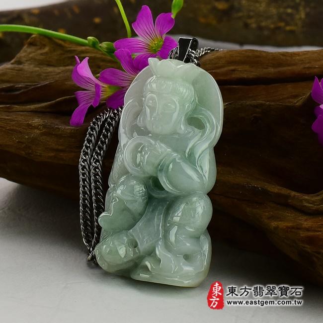 翡翠哪吒三太子項鍊玉珮（中壇元帥、哪吒：哪吒三太子牌A貨翡翠三太子玉珮、緬甸玉哪吒三太子玉墜）。白底青翡翠三太子，TT005。客製化訂做各種翡翠哪吒三太子吊墜玉珮項鍊。★附A貨翡翠雙證書