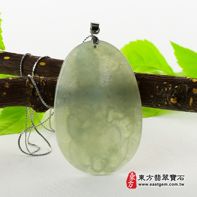 送子觀世音菩薩背面照片翡翠觀音項鍊玉珮（觀世音菩薩，送子觀音：觀音牌A貨翡翠觀音玉珮、緬甸玉觀音玉墜）。油青細糯種觀音，GY-166。客製化訂做各種翡翠觀音吊墜玉珮項鍊。★附A貨翡翠雙證書