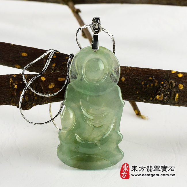 白衣觀世音菩薩背面照片翡翠觀音項鍊玉珮（觀世音菩薩，白衣觀音：觀音牌A貨翡翠觀音玉珮、緬甸玉觀音玉墜）。淡綠細糯種觀音，GY-188。客製化訂做各種翡翠觀音吊墜玉珮項鍊。★附A貨翡翠雙證書