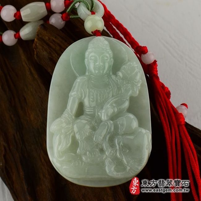 普賢菩薩  正面照片  （已出售勿下標，可訂做）翡翠普賢菩薩項鍊玉珮（遍吉菩薩：普賢菩薩牌A貨翡翠普賢菩薩玉珮、緬甸玉普賢菩薩玉墜）。淡綠細糯豆種普賢菩薩，BS016。客製化訂做各種翡翠普賢菩薩吊墜玉珮項鍊。★附A貨翡翠雙證書