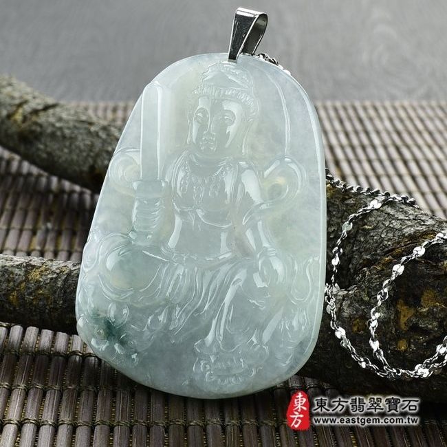 文殊菩薩  右側照片 （已出售勿下標，可訂做）翡翠文殊菩薩項鍊玉珮（文殊菩薩：文殊菩薩牌A貨翡翠文殊菩薩玉珮、緬甸玉文殊菩薩玉墜）。白綠色細糯種文殊菩薩，WS011。客製化訂做各種翡翠文殊菩薩吊墜玉珮項鍊，★附A貨翡翠雙證書