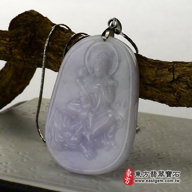 文殊菩薩  右側照片 （已出售勿下標，可訂做）翡翠文殊菩薩項鍊玉珮（文殊菩薩：文殊菩薩牌A貨翡翠文殊菩薩玉珮、緬甸玉文殊菩薩玉墜）。紫羅蘭細豆種，WS013。客製化訂做各種翡翠文殊菩薩吊墜玉珮項鍊。★附A貨翡翠雙證書