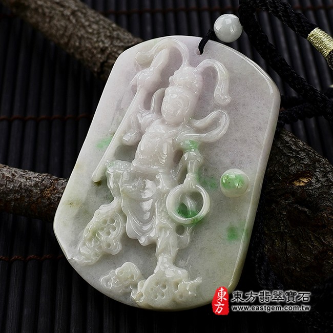 太子哪吒翡翠吊墜左側照片 （已售出勿下標，可訂做）翡翠哪吒三太子項鍊玉珮（中壇元帥、哪吒：哪吒三太子牌A貨翡翠三太子玉珮、緬甸玉哪吒三太子玉墜）。白底青種翡翠三太子，TT002。客製化訂做各種翡翠哪吒三太子吊墜玉珮項鍊。★附A貨翡翠雙證書