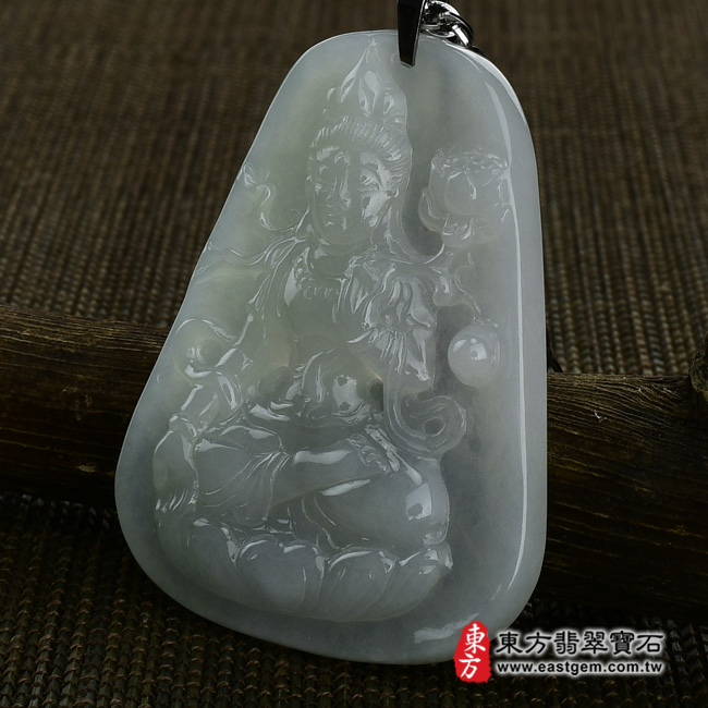 大勢至菩薩 右側照片 （已售出勿下標，可訂做）翡翠大勢至菩薩項鍊玉珮（大勢至菩薩：大勢至菩薩牌A貨翡翠大勢至菩薩玉珮、緬甸玉大勢至菩薩玉墜）。淡綠糯種大勢至菩薩，GY325。客製化訂做各種翡翠大勢至菩薩吊墜玉珮項鍊。★附A貨翡翠雙證書