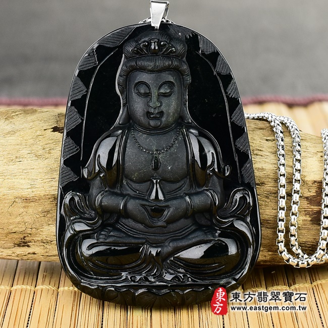 觀音項鍊玉珮正面照片   翡翠觀音項鍊玉珮（觀世音菩薩，寶瓶觀音：觀音牌A貨翡翠觀音玉珮、緬甸玉觀音玉墜）。墨翠觀音，GY417。客製化訂做各種翡翠觀音吊墜玉珮項鍊。★附A貨翡翠雙證書.jpg