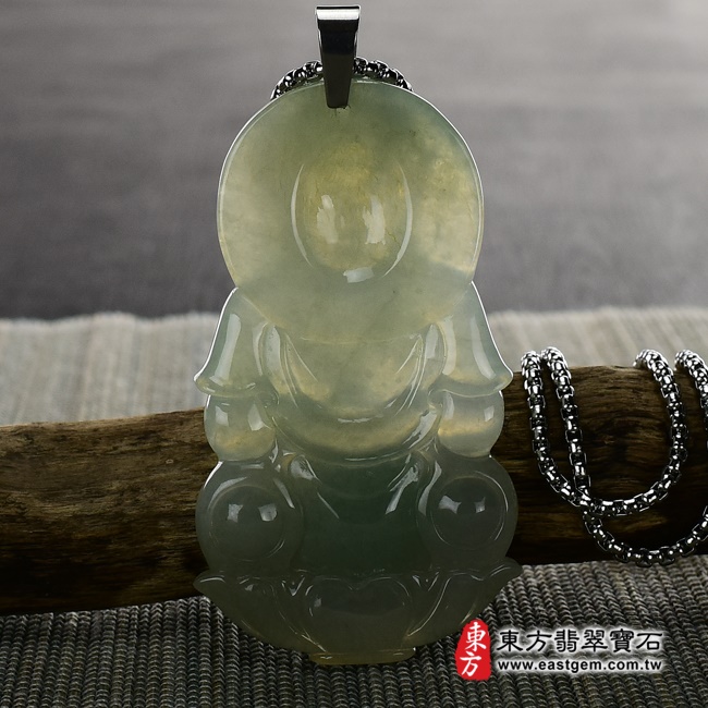 觀音項鍊玉珮背面照片   （已出售勿下標，可訂做）翡翠觀音項鍊玉珮（觀世音菩薩：觀音牌A貨翡翠觀音玉珮、緬甸玉觀音玉墜）。淡綠色糯冰種觀音，GY418。客製化訂做各種翡翠觀音吊墜玉珮項鍊。★附A貨翡翠雙證書.jpg