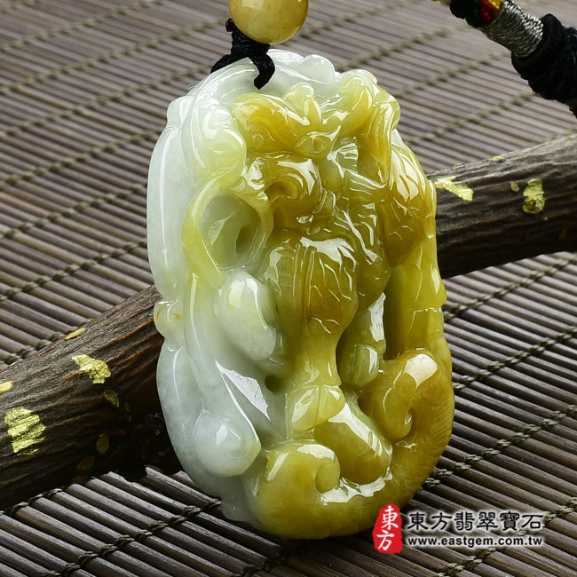 麒麟 左側照片 （已售出勿下標，可訂做）翡翠麒麟項鍊玉珮（麒麟：麒麟牌A貨翡翠麒麟玉珮、緬甸玉麒麟玉墜）。黃翡種麒麟，CL018。客製化訂做各種翡翠麒麟吊墜玉珮項鍊。★附A貨翡翠雙證書