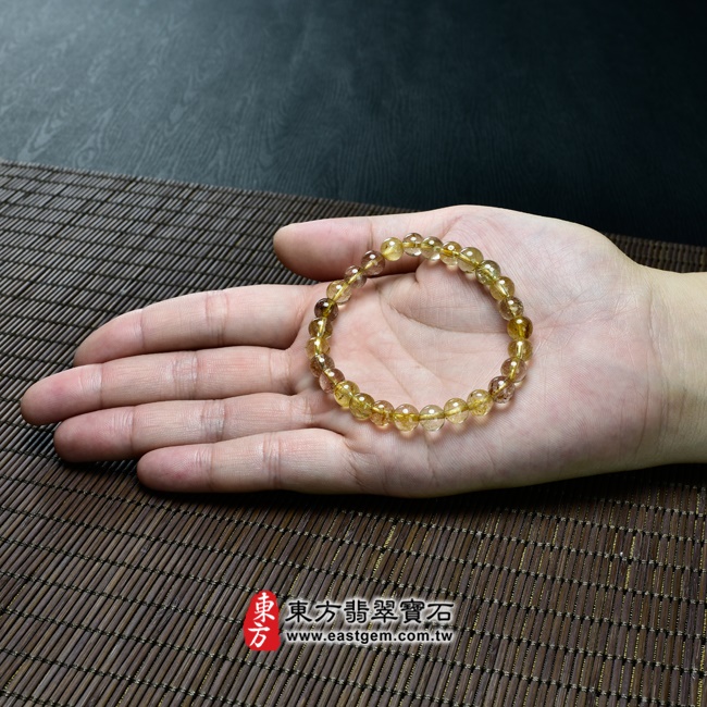 髮晶天然玉石珠串手鍊大小示意圖照片   髮晶手鍊(髮晶珠子，珠徑約7mm，OFJ003) 客製化設計各種髮晶珠串、髮晶珠子、髮晶手珠。★附東方翡翠寶石保證卡