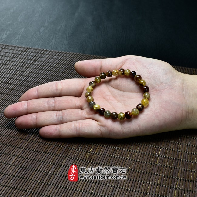 髮晶天然玉石珠串手鍊大小示意圖照片   髮晶手鍊(髮晶珠子，珠徑約7mm，OFJ058) 客製化設計各種髮晶珠串、髮晶珠子、髮晶手珠。★附東方翡翠寶石保證卡
