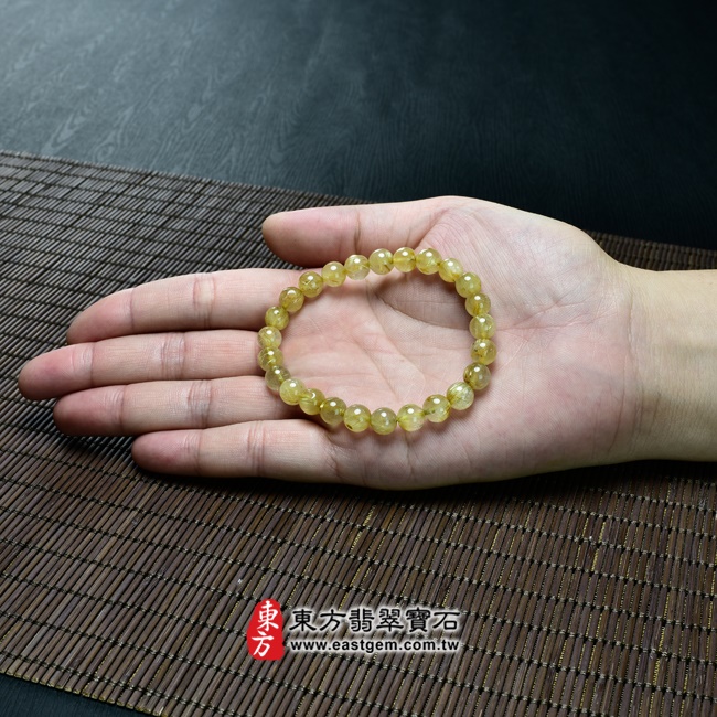 髮晶天然玉石珠串手鍊大小示意圖照片   髮晶手鍊(髮晶珠子，珠徑約7~7.5mm，OFJ074) 客製化設計各種髮晶珠串、髮晶珠子、髮晶手珠。★附東方翡翠寶石保證卡