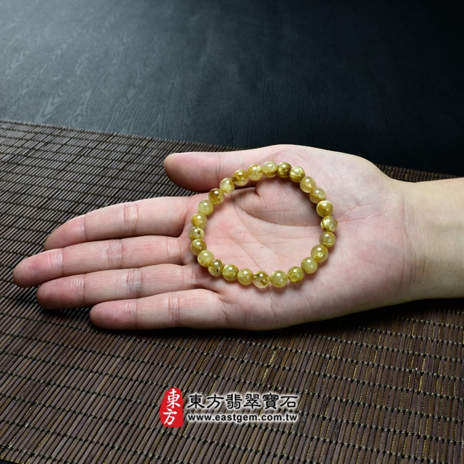 髮晶天然玉石珠串手鍊大小示意圖照片   髮晶手鍊(髮晶珠子，珠徑約7.5~8mm，OFJ078) 客製化設計各種髮晶珠串、髮晶珠子、髮晶手珠。★附東方翡翠寶石保證卡