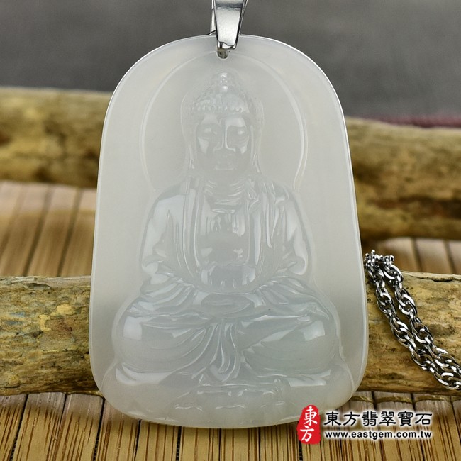 翡翠阿彌陀佛正面照片 （已出售勿下標，可訂做）翡翠阿彌陀佛項鍊玉珮（阿彌陀佛：阿彌陀佛牌A貨翡翠阿彌陀佛玉珮、緬甸玉阿彌陀佛玉墜）。淡綠色糯種阿彌陀佛，FD268。客製化訂做各種翡翠阿彌陀佛吊墜玉珮項鍊。★附A貨翡翠雙證書