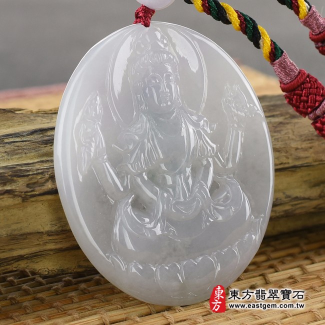 千手觀音項鍊玉珮左側照片  （已出售勿下標，可訂做）翡翠千手觀音項鍊玉珮（千手觀音：千手觀音牌A貨翡翠千手觀音玉珮、緬甸玉千手觀音玉墜）。淡紫色糯種千手觀音，LH098。客製化訂做各種翡翠千手觀音吊墜玉珮項鍊。★附A貨翡翠雙證書