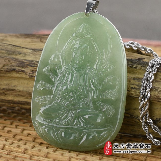 千手觀音項鍊玉珮右側照片  （已出售勿下標，可訂做）翡翠千手觀音項鍊玉珮（千手觀音：千手觀音牌A貨翡翠千手觀音玉珮、緬甸玉千手觀音玉墜）。綠色糯豆種千手觀音，LH100。客製化訂做各種翡翠千手觀音吊墜玉珮項鍊。★附A貨翡翠雙證書