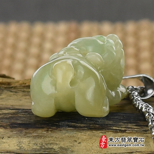 招財貔貅 背面照片 （已出售勿下標，可訂做）翡翠貔貅項鍊玉珮（招財貔貅：貔貅牌A貨翡翠貔貅玉珮、緬甸玉貔貅玉墜）。綠色豆種油青貔貅，PF589。客製化訂做各種翡翠貔貅吊墜玉珮項鍊。★附A貨翡翠雙證書