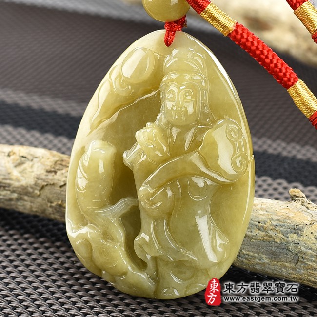 翡翠觀世音菩薩右側照片 （已出售勿下標，可訂做）翡翠觀世音菩薩項鍊玉珮（觀世音菩薩，魚籃觀音：觀世音菩薩牌A貨翡翠觀世音菩薩玉珮、緬甸玉觀世音菩薩玉墜）。黃翡翠觀世音菩薩，GY766。客製化訂做各種翡翠觀世音菩薩吊墜玉珮項鍊。★附A貨翡翠雙證書