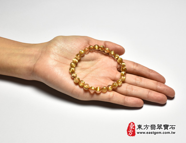 髮晶手珠大小示意圖  髮晶手鍊(髮晶珠子，珠徑約7mm，27顆珠，OFJ288) 客製化設計各種髮晶珠串、髮晶珠子、髮晶手珠。★附東方翡翠寶石保證卡