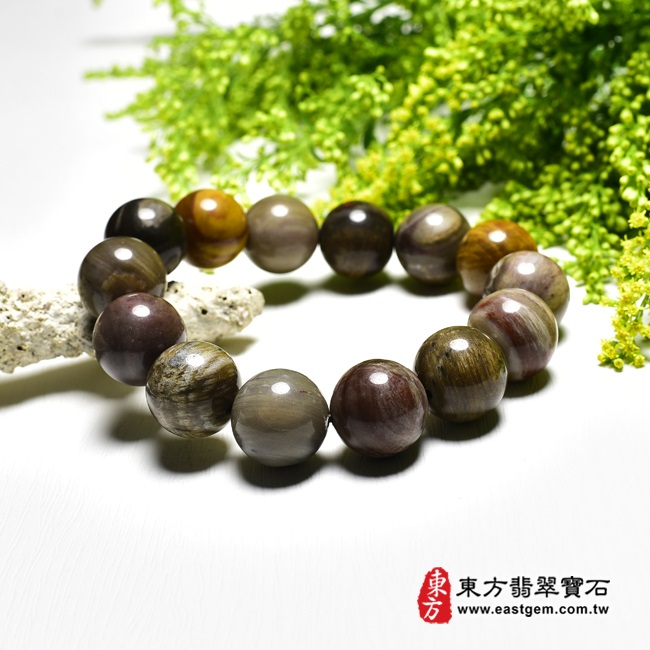 木化石樹化玉手鍊左側照片 木化石手鍊、樹化玉手鍊(木化石珠子、樹化玉珠子，珠徑約16~16.5mm，14顆珠，OWO008) 客製化設計各種木化石珠串、樹化玉珠串、木化石珠子、樹化玉珠子、木化石手鍊、樹化玉手鍊、木化石手珠、樹化玉手珠。★附東方翡翠寶石保證卡