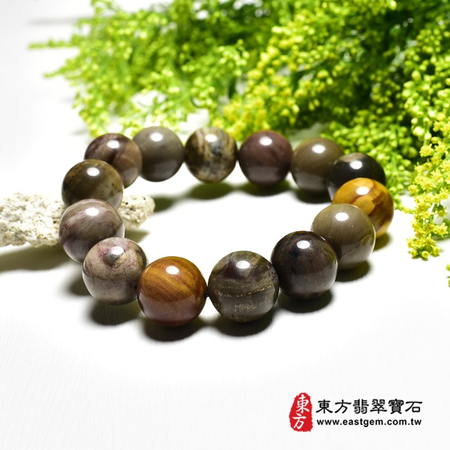 木化石樹化玉手鍊左側照片 木化石手鍊、樹化玉手鍊(木化石珠子、樹化玉珠子，珠徑約16~16.5mm，14顆珠，OWO008) 客製化設計各種木化石珠串、樹化玉珠串、木化石珠子、樹化玉珠子、木化石手鍊、樹化玉手鍊、木化石手珠、樹化玉手珠。★附東方翡翠寶石保證卡