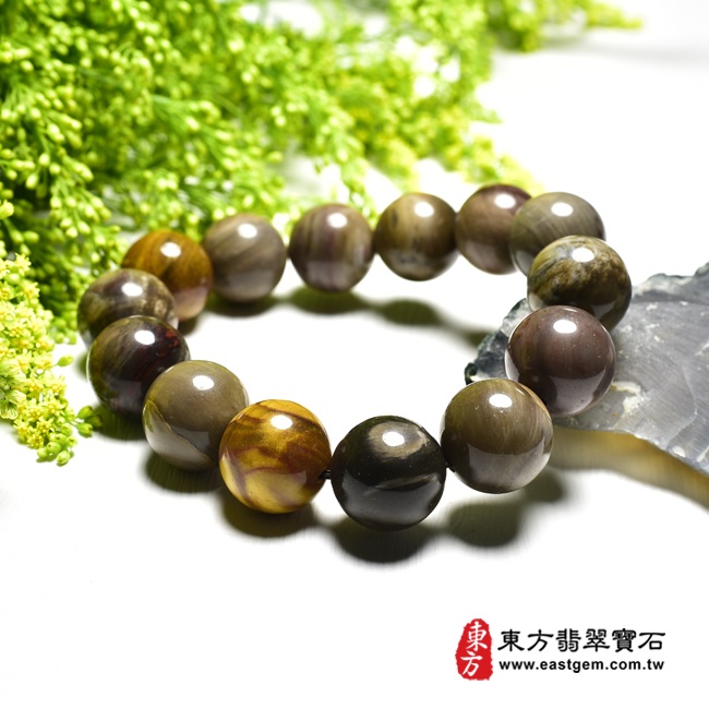木化石樹化玉手鍊右側照片 木化石手鍊、樹化玉手鍊(木化石珠子、樹化玉珠子，珠徑約16~16.5mm，14顆珠，OWO008) 客製化設計各種木化石珠串、樹化玉珠串、木化石珠子、樹化玉珠子、木化石手鍊、樹化玉手鍊、木化石手珠、樹化玉手珠。★附東方翡翠寶石保證卡