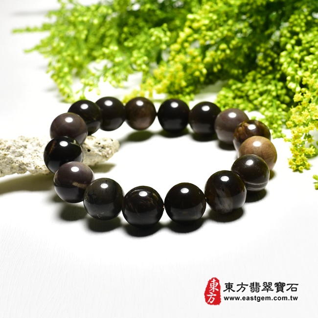木化石樹化玉手鍊左側照片 木化石手鍊、樹化玉手鍊(木化石珠子、樹化玉珠子，珠徑約14mm，16顆珠，OWO018) 客製化設計各種木化石珠串、樹化玉珠串、木化石珠子、樹化玉珠子、木化石手鍊、樹化玉手鍊、木化石手珠、樹化玉手珠。★附東方翡翠寶石保證卡