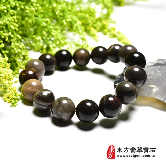 木化石樹化玉手鍊右側照片 木化石手鍊、樹化玉手鍊(木化石珠子、樹化玉珠子，珠徑約14mm，16顆珠，OWO018) 客製化設計各種木化石珠串、樹化玉珠串、木化石珠子、樹化玉珠子、木化石手鍊、樹化玉手鍊、木化石手珠、樹化玉手珠。★附東方翡翠寶石保證卡
