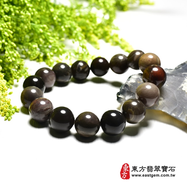木化石樹化玉手鍊右側照片 木化石手鍊、樹化玉手鍊(木化石珠子、樹化玉珠子，珠徑約14mm，16顆珠，OWO018) 客製化設計各種木化石珠串、樹化玉珠串、木化石珠子、樹化玉珠子、木化石手鍊、樹化玉手鍊、木化石手珠、樹化玉手珠。★附東方翡翠寶石保證卡