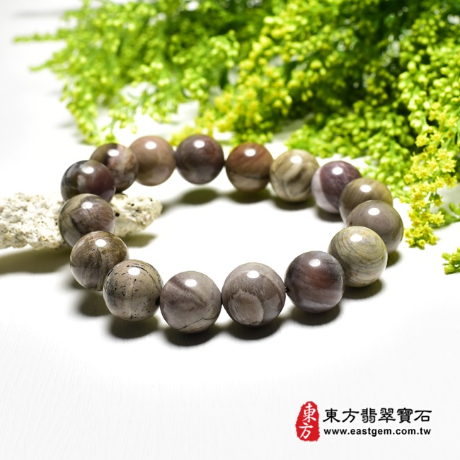 木化石樹化玉手鍊左側照片 木化石手鍊、樹化玉手鍊(木化石珠子、樹化玉珠子，珠徑約14~14.5mm，16顆珠，OWO019) 客製化設計各種木化石珠串、樹化玉珠串、木化石珠子、樹化玉珠子、木化石手鍊、樹化玉手鍊、木化石手珠、樹化玉手珠。★附東方翡翠寶石保證卡