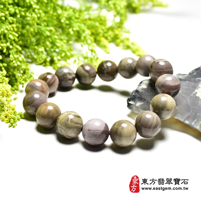 木化石樹化玉手鍊右側照片 木化石手鍊、樹化玉手鍊(木化石珠子、樹化玉珠子，珠徑約14~14.5mm，16顆珠，OWO019) 客製化設計各種木化石珠串、樹化玉珠串、木化石珠子、樹化玉珠子、木化石手鍊、樹化玉手鍊、木化石手珠、樹化玉手珠。★附東方翡翠寶石保證卡