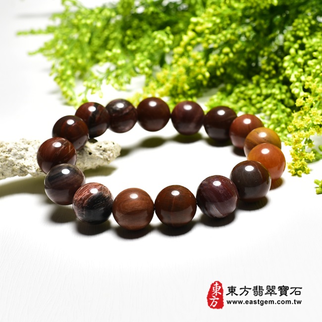 木化石樹化玉手鍊左側照片 木化石手鍊、樹化玉手鍊(木化石珠子、樹化玉珠子，珠徑約14mm，16顆珠，OWO020) 客製化設計各種木化石珠串、樹化玉珠串、木化石珠子、樹化玉珠子、木化石手鍊、樹化玉手鍊、木化石手珠、樹化玉手珠。★附東方翡翠寶石保證卡