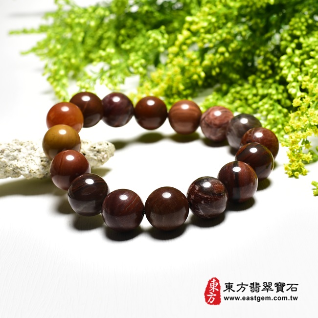 木化石樹化玉手鍊左側照片 木化石手鍊、樹化玉手鍊(木化石珠子、樹化玉珠子，珠徑約14mm，16顆珠，OWO020) 客製化設計各種木化石珠串、樹化玉珠串、木化石珠子、樹化玉珠子、木化石手鍊、樹化玉手鍊、木化石手珠、樹化玉手珠。★附東方翡翠寶石保證卡