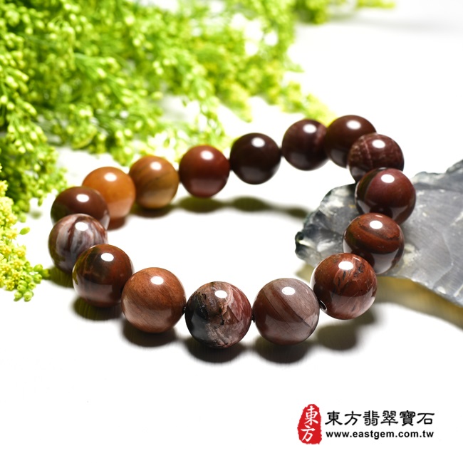 木化石樹化玉手鍊右側照片 木化石手鍊、樹化玉手鍊(木化石珠子、樹化玉珠子，珠徑約14mm，16顆珠，OWO020) 客製化設計各種木化石珠串、樹化玉珠串、木化石珠子、樹化玉珠子、木化石手鍊、樹化玉手鍊、木化石手珠、樹化玉手珠。★附東方翡翠寶石保證卡