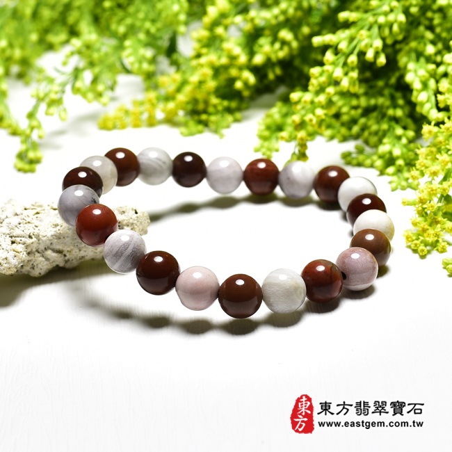 木化石樹化玉手鍊左側照片 木化石手鍊、樹化玉手鍊(木化石珠子、樹化玉珠子，珠徑約8mm，22顆珠，OWO061) 客製化設計各種木化石珠串、樹化玉珠串、木化石珠子、樹化玉珠子、木化石手鍊、樹化玉手鍊、木化石手珠、樹化玉手珠。★附東方翡翠寶石保證卡