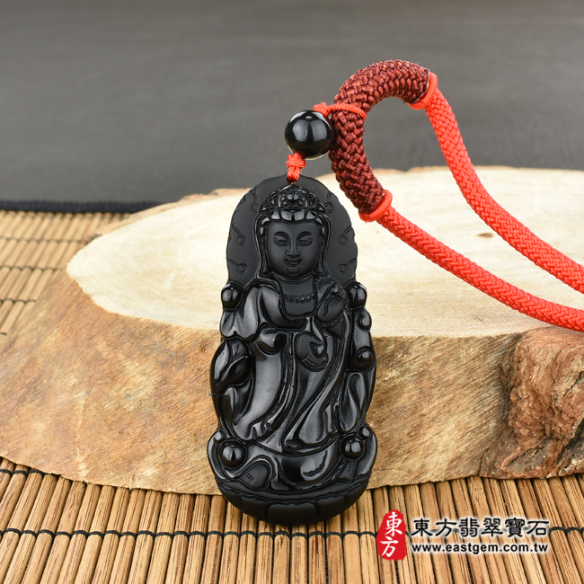 黑曜石觀世音菩薩項鍊玉珮情境照片 黑曜石觀世音菩薩項鍊玉珮（觀世音菩薩、寶瓶觀音：觀世音菩薩牌黑曜石觀世音菩薩玉珮、黑曜石觀世音菩薩玉墜）。全黑黑曜石觀世音菩薩，GY869。客製化訂做各種黑曜石觀世音菩薩吊墜玉珮項鍊。★附東方翡翠寶石保證卡