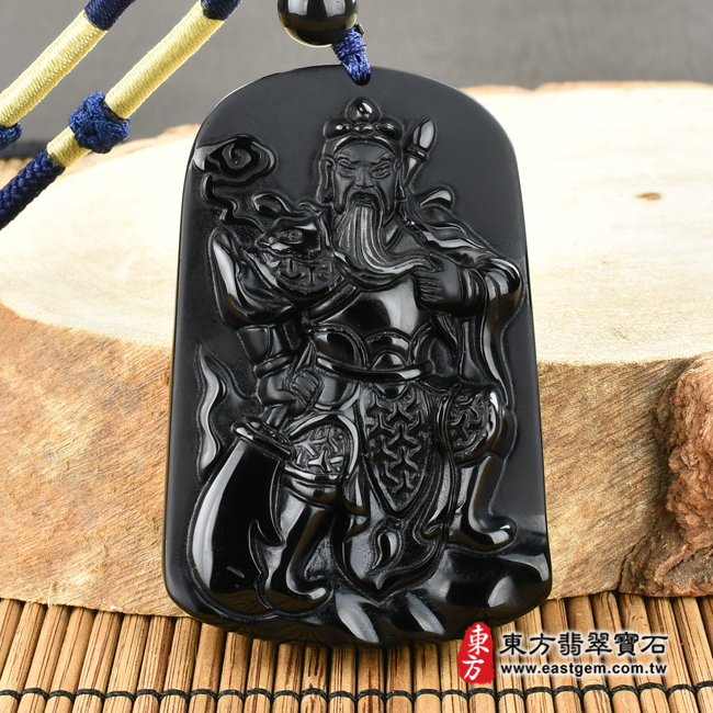 黑曜石關公項鍊玉珮正面照片 黑曜石關公項鍊玉珮（關聖帝君：關公牌黑曜石關公玉珮、黑曜石關公玉墜）。全黑黑曜石關公，KG269。客製化訂做各種黑曜石關公吊墜玉珮項鍊。★附東方翡翠寶石保證卡