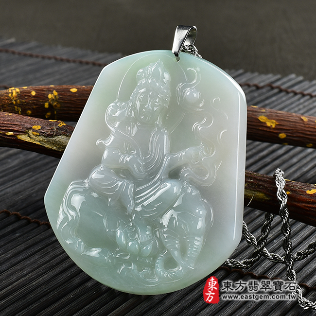 翡翠普賢菩薩項鍊玉珮 右側照片（遍吉菩薩：普賢菩薩牌A貨翡翠普賢菩薩玉珮、緬甸玉普賢菩薩玉墜）。綠色糯種普賢菩薩，FD136。客製化訂做各種翡翠普賢菩薩吊墜玉珮項鍊。★附A貨翡翠雙證書.jpg