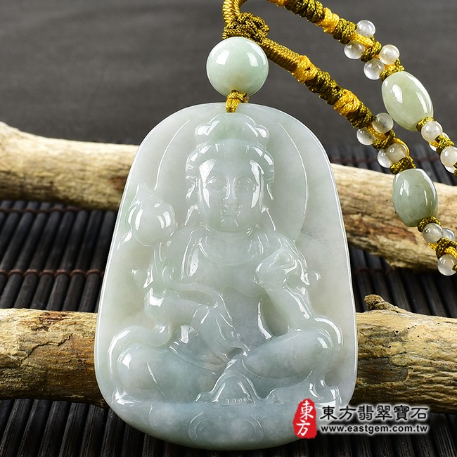 大勢至菩薩項鍊玉珮正面照片  （已出售勿下標，可訂做）翡翠大勢至菩薩項鍊玉珮（大勢至菩薩：大勢至菩薩牌A貨翡翠大勢至菩薩玉珮、緬甸玉大勢至菩薩玉墜）。淡綠色糯種帶飄花大勢至菩薩，GY1235。客製化訂做各種翡翠大勢至菩薩吊墜玉珮項鍊。★附A貨翡翠雙證書