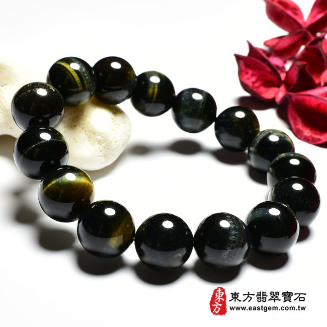 黃藍虎眼手鍊 左側照片 黃藍虎眼手鍊、鷹眼石手鍊(黃藍虎眼珠子、鷹眼石珠子，珠徑約14mm，YBE009) 客製化設計各種黃藍虎眼珠串、黃藍虎眼珠子、黃藍虎眼手鍊、黃藍虎眼手珠。★附東方翡翠寶石保證卡