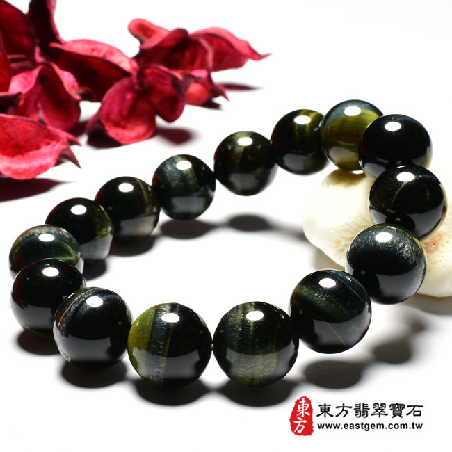 黃藍虎眼手鍊 右側照片 黃藍虎眼手鍊、鷹眼石手鍊(黃藍虎眼珠子、鷹眼石珠子，珠徑約14mm，YBE009) 客製化設計各種黃藍虎眼珠串、黃藍虎眼珠子、黃藍虎眼手鍊、黃藍虎眼手珠。★附東方翡翠寶石保證卡