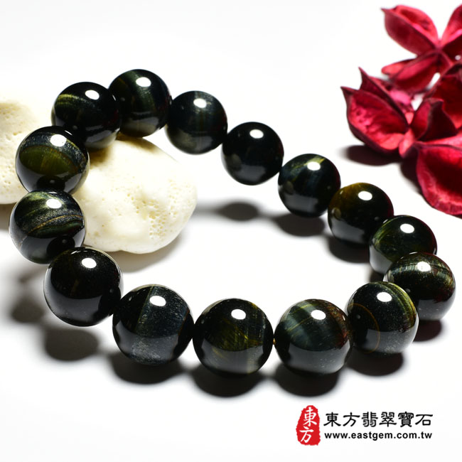 黃藍虎眼手鍊 左側照片 黃藍虎眼手鍊、鷹眼石手鍊(黃藍虎眼珠子、鷹眼石珠子，珠徑約14mm，YBE009) 客製化設計各種黃藍虎眼珠串、黃藍虎眼珠子、黃藍虎眼手鍊、黃藍虎眼手珠。★附東方翡翠寶石保證卡