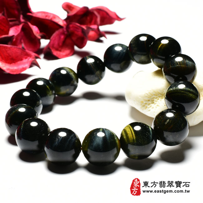 黃藍虎眼手鍊 右側照片 黃藍虎眼手鍊、鷹眼石手鍊(黃藍虎眼珠子、鷹眼石珠子，珠徑約14mm，YBE009) 客製化設計各種黃藍虎眼珠串、黃藍虎眼珠子、黃藍虎眼手鍊、黃藍虎眼手珠。★附東方翡翠寶石保證卡