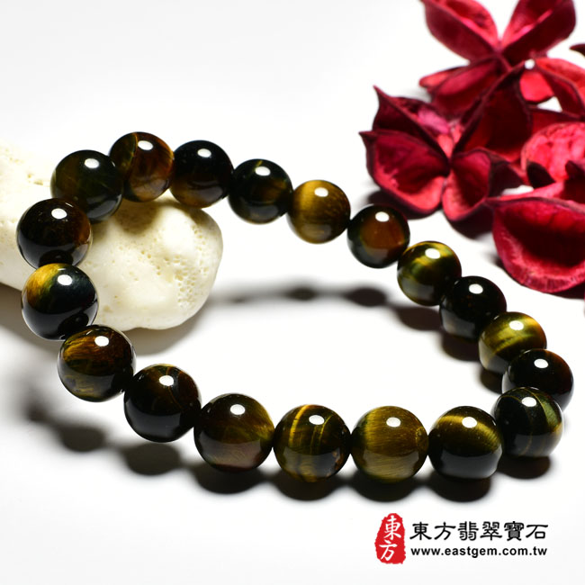 黃藍虎眼手鍊 左邊照片 黃藍虎眼手鍊、鷹眼石手鍊(黃藍虎眼珠子、鷹眼石珠子，珠徑約10mm，YBE022) 客製化設計各種黃藍虎眼珠串、黃藍虎眼珠子、黃藍虎眼手鍊、黃藍虎眼手珠。★附東方翡翠寶石保證卡