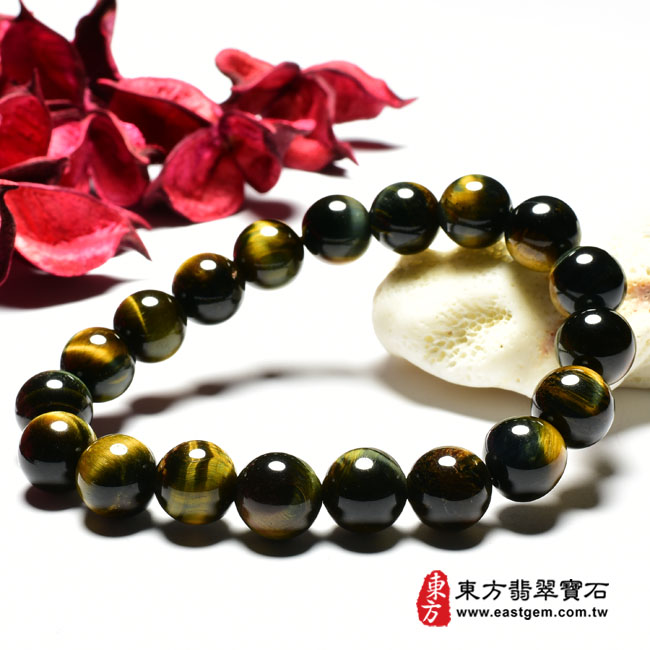 黃藍虎眼手鍊 右邊照片 黃藍虎眼手鍊、鷹眼石手鍊(黃藍虎眼珠子、鷹眼石珠子，珠徑約10mm，YBE022) 客製化設計各種黃藍虎眼珠串、黃藍虎眼珠子、黃藍虎眼手鍊、黃藍虎眼手珠。★附東方翡翠寶石保證卡