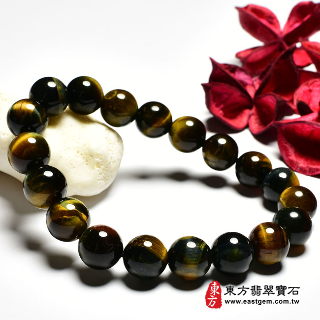黃藍虎眼手鍊 左邊照片 黃藍虎眼手鍊、鷹眼石手鍊(黃藍虎眼珠子、鷹眼石珠子，珠徑約10mm，YBE022) 客製化設計各種黃藍虎眼珠串、黃藍虎眼珠子、黃藍虎眼手鍊、黃藍虎眼手珠。★附東方翡翠寶石保證卡