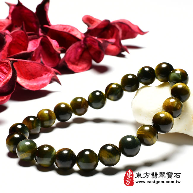 黃藍虎眼手鍊 右邊照片 黃藍虎眼手鍊、鷹眼石手鍊(黃藍虎眼珠子、鷹眼石珠子，珠徑約8mm，YBE040) 客製化設計各種黃藍虎眼珠串、黃藍虎眼珠子、黃藍虎眼手鍊、黃藍虎眼手珠。★附東方翡翠寶石保證卡